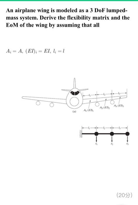 An airplane wing is modeled as a 3 DoF lumped-
mass system. Derive the flexibility matrix and the
EoM of the wing by assuming