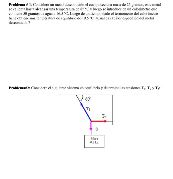 Problema \# 1: Considere un metal desconocido el cual posee una masa de 25 gramos, este metal se calienta hasta alcanzar una