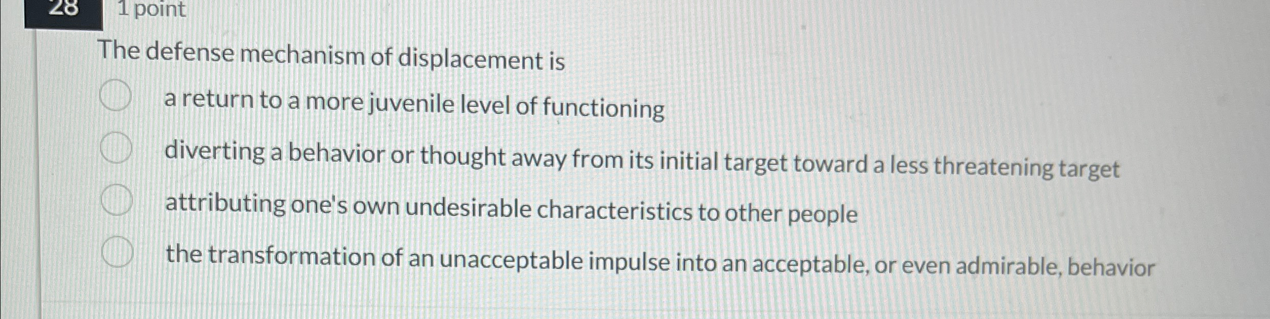 Solved 1 ﻿pointThe defense mechanism of displacement isa | Chegg.com