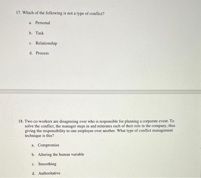 Solved 17. Which of the following is not a type of conflict? | Chegg.com