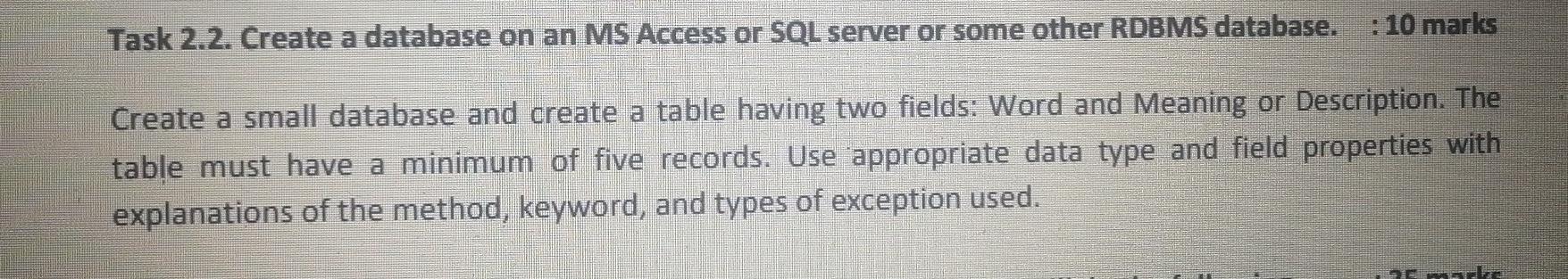 Solved :10 marks Task 2.2. Create a database on an MS Access | Chegg.com