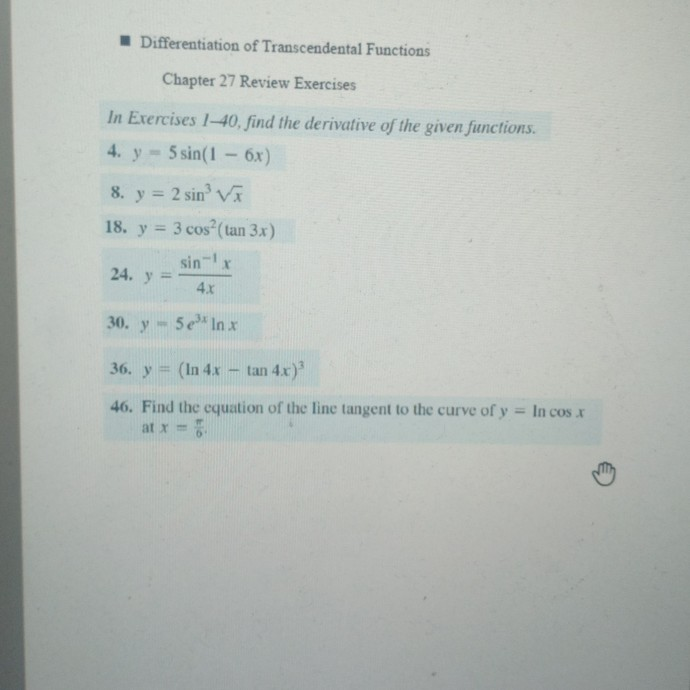 Solved Differentiation of Transcendental Functions Chapter | Chegg.com