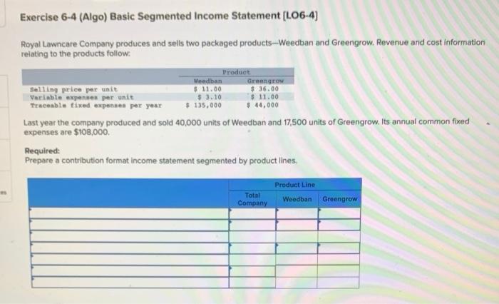 Solved Exercise 6-4 (Algo) Basic Segmented Income Statement | Chegg.com
