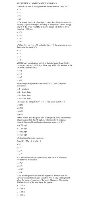 Solved REFRESHER 3 MATHEMATICS AND GEAS What is the sum of | Chegg.com
