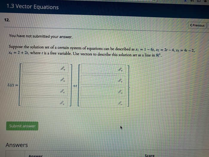 Solved 1.3 Vector Equations 12. ( Previous You have not | Chegg.com
