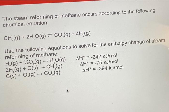 The steam reforming of methane occurs according to the following chemical equation:
\[
\mathrm{CH}_{4}(\mathrm{~g})+2 \mathrm