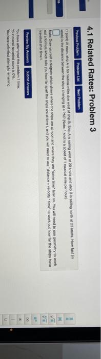 Solved 4.1 Related Rates: Problem 3 Previous Potiem Problem | Chegg.com