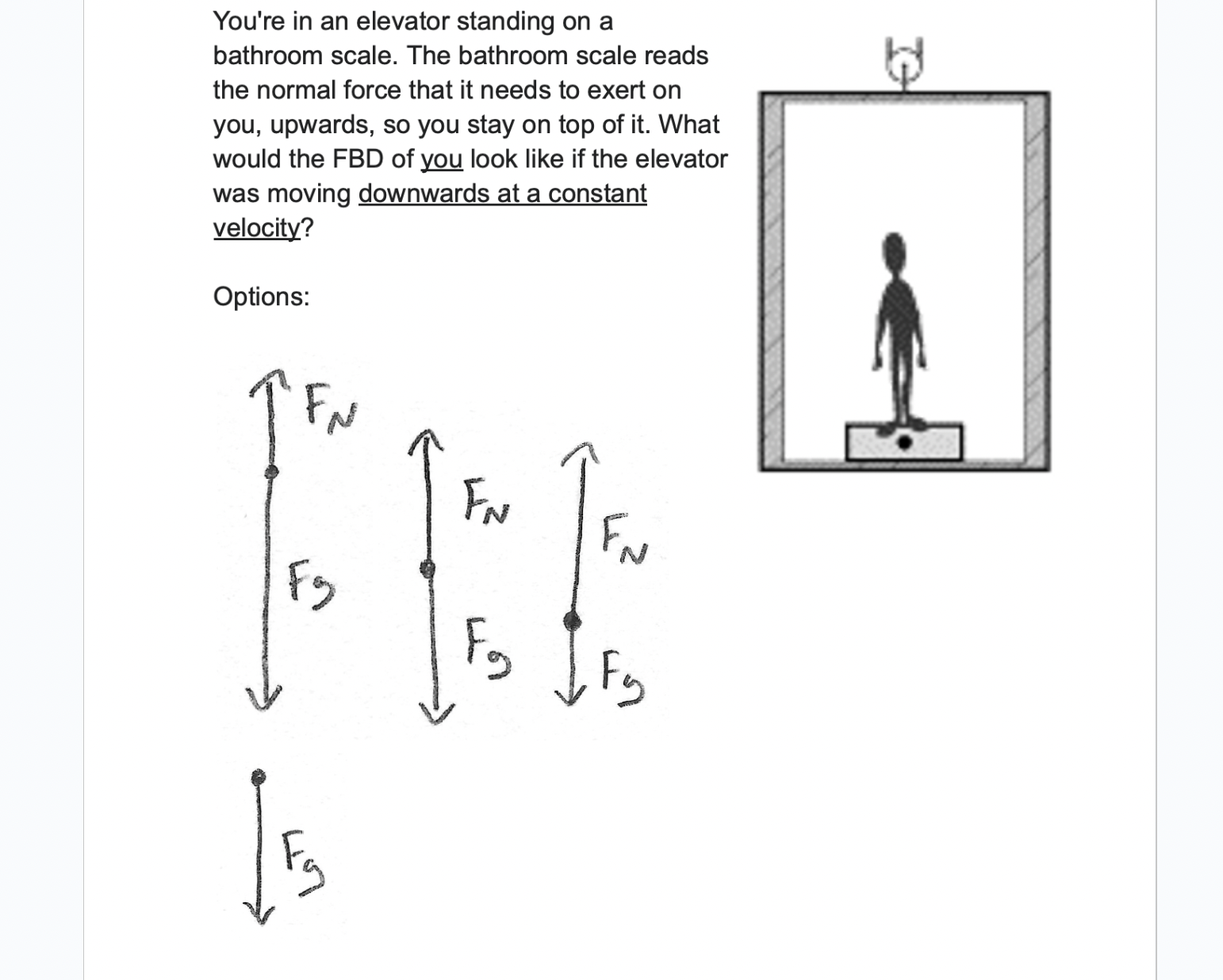 Solved You're in an elevator standing on abathroom scale.