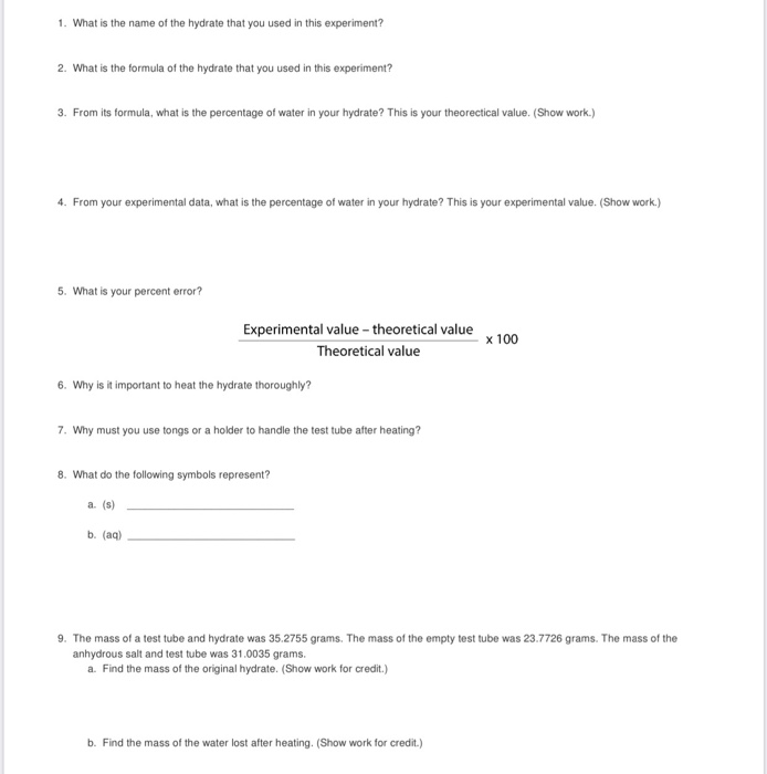 Solved Lab 09 Percent of Water in a Hydrate PreLab