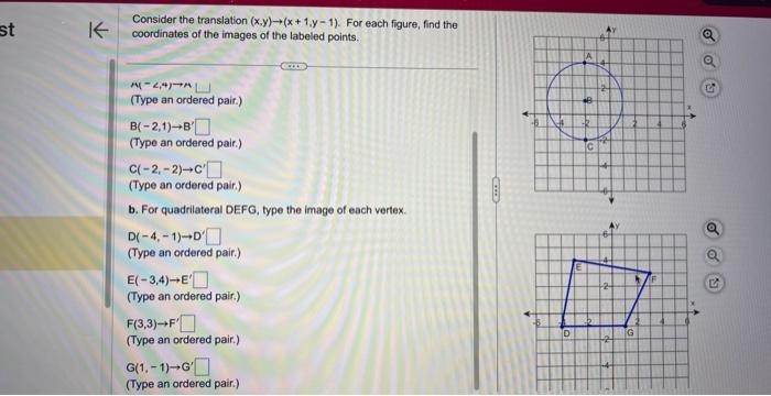 Consider the translation \( (x, y) \rightarrow(x+1, y-1) \). For each figure, find the coordinates of the images of the label