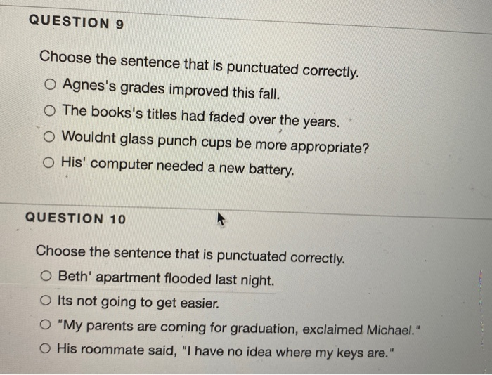 Solved QUESTION 9 Choose The Sentence That Is Punctuated | Chegg.com