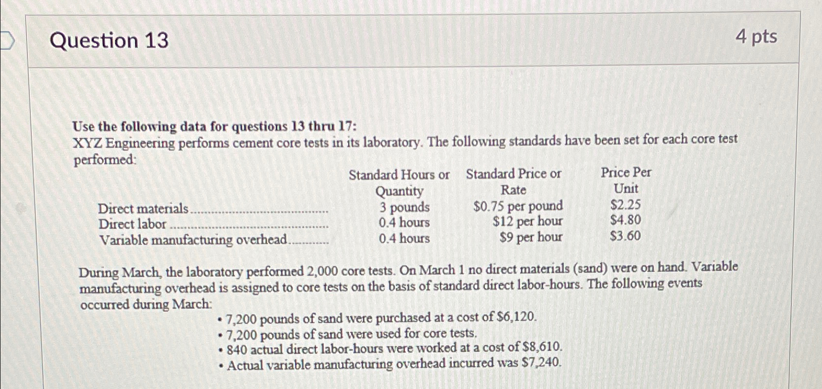 Solved Question 134 PtsUse The Following Data For Questions Chegg Com