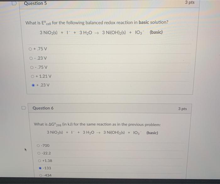 Solved Question 5 3 pts What is Eºcell for the following | Chegg.com