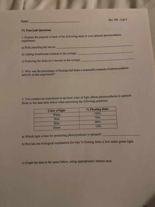 Solved Bio 100 Labs Name VI. PostLab Questions 1.