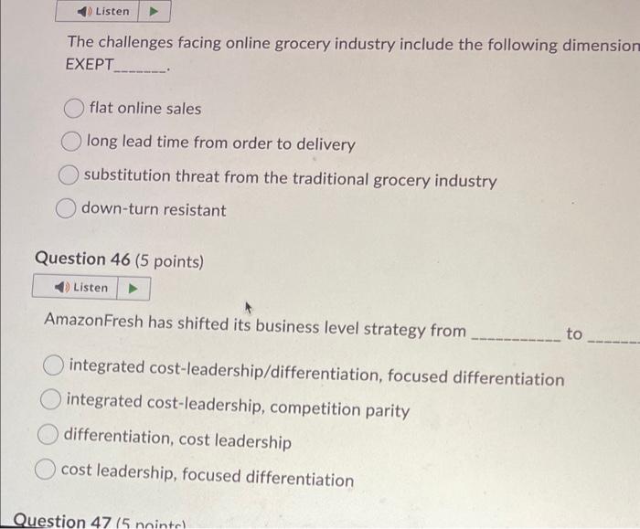 The challenges facing online grocery industry include the following dimensior EXEPT
flat online sales
long lead time from ord