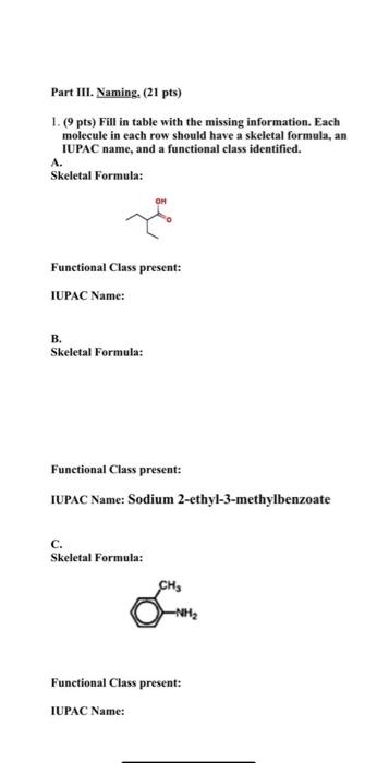 Solved Part III. Naming. 21 pts 1. 9 pts Fill in table Chegg