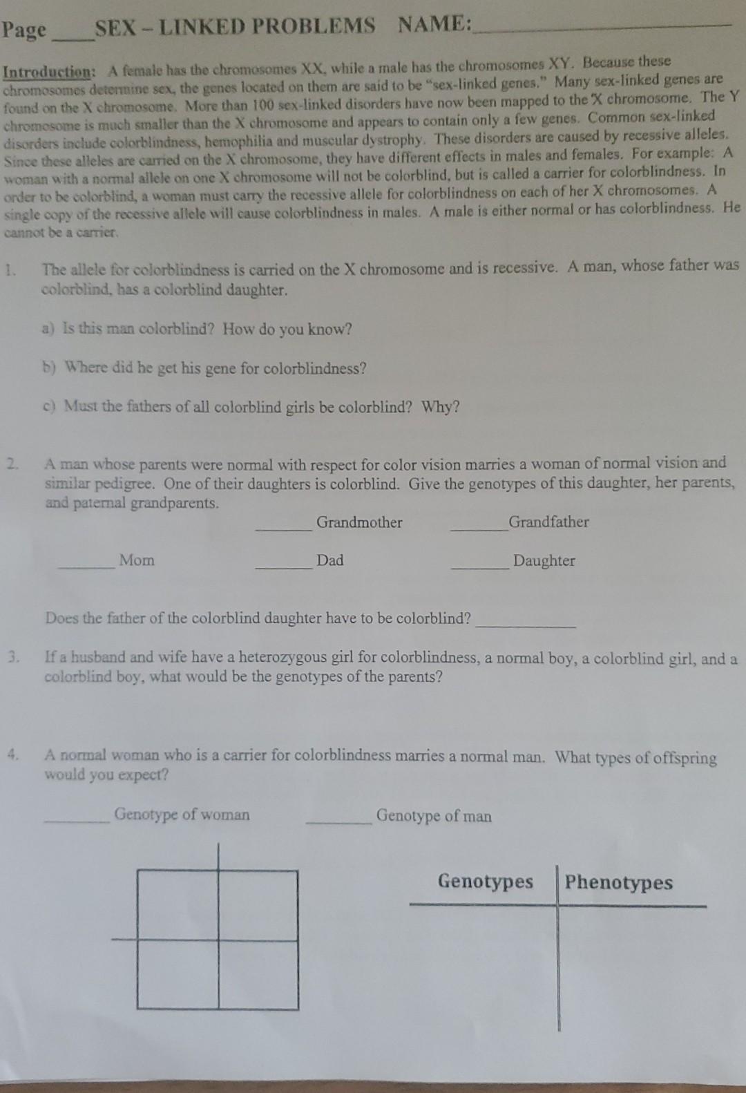 Solved Page SEX-LINKED PROBLEMS NAME: Introduction: A female | Chegg.com