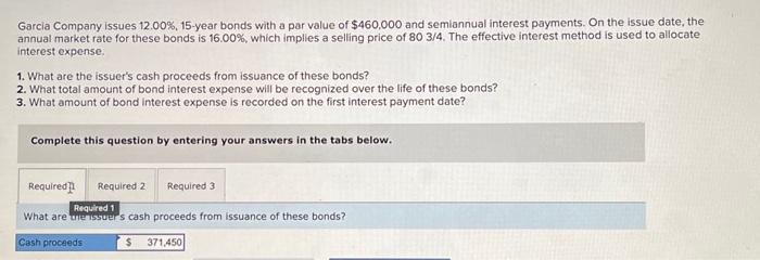 Solved Garcia Company issues 12.00%,15−y ear bonds with a | Chegg.com