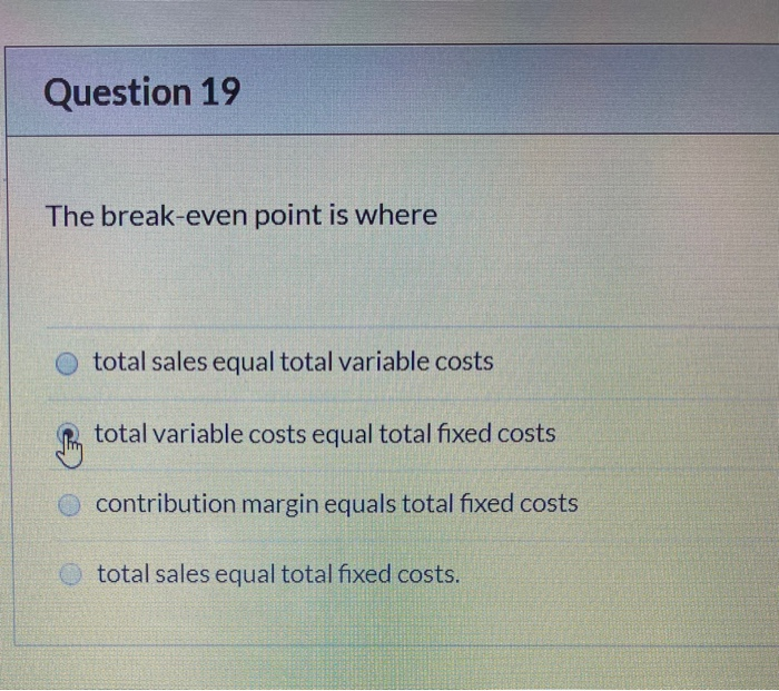 Solved Question 19 The breakeven point is where total sales