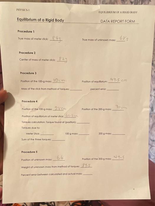 Procedure 1 True mass of meter stick True mass of