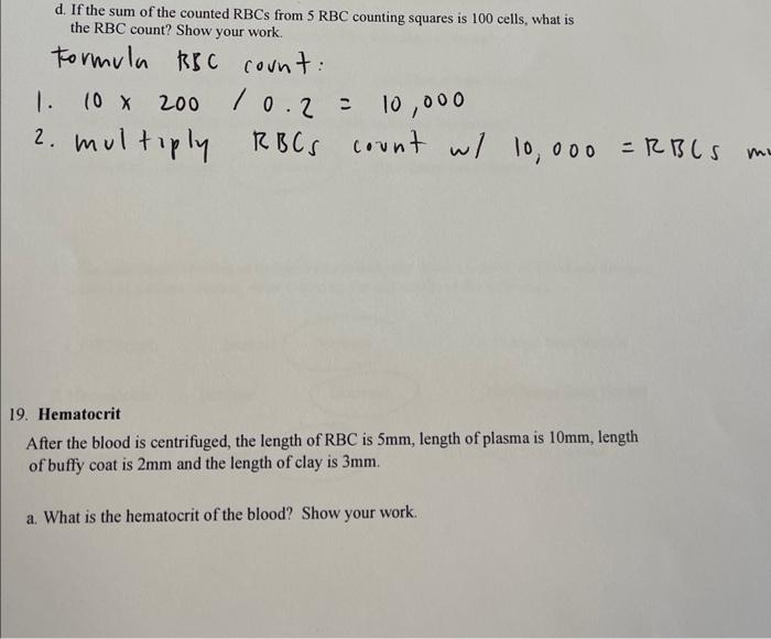 Solved d. If the sum of the counted RBCs from 5RBC counting | Chegg.com