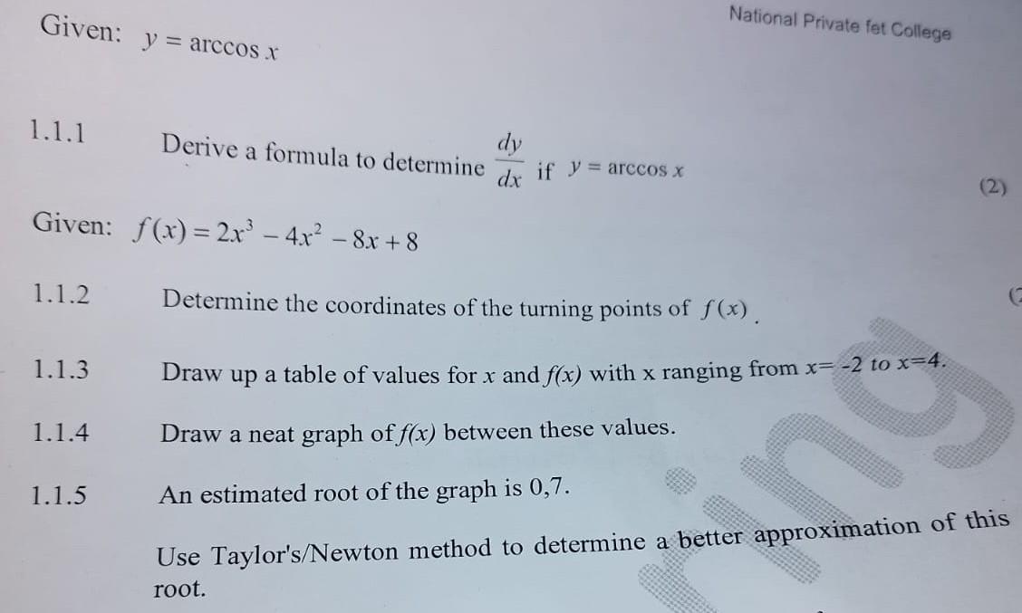 Solved Given: y=arccosx National Private fet College 1.1.1 | Chegg.com