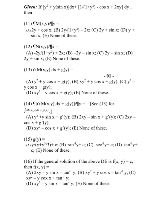 Solved Given If Y Y Sin X Dx 1 1 Y Cos X 2x Chegg Com