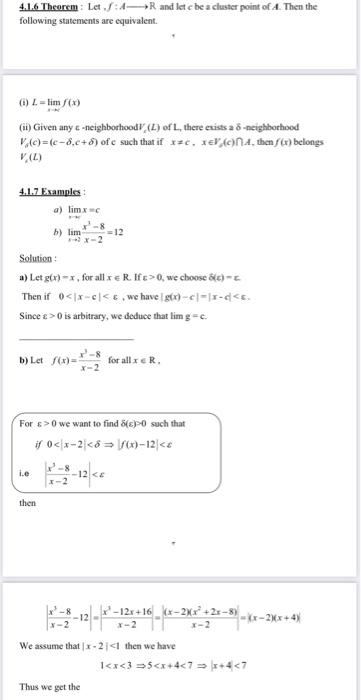 Solved 4.1.6 Theorem : Let , f:A R and let c be a cluster | Chegg.com