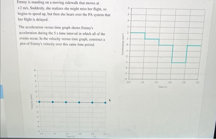 Emmy is standing on a moving sidewalk that moves at \( +2 \mathrm{~m} / \mathrm{s} \). Suddenly, she realizes she might miss 