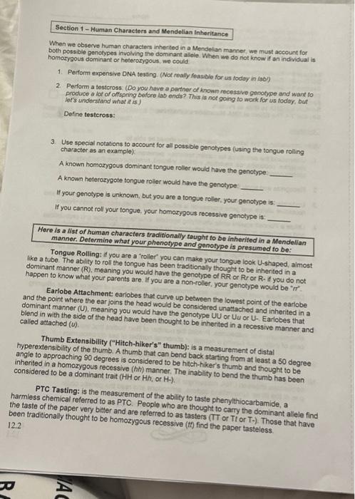 Solved Section 1- Human Characters and Mendelian Inheritance | Chegg.com