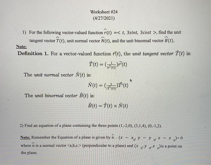 Solved Worksheet 24 4 27 21 1 For The Following Vec Chegg Com