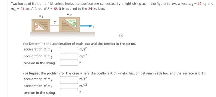 Two boxes of fruit on a frictionless horizontal surface are connected by a light string as in the figure below, where \( m_{1