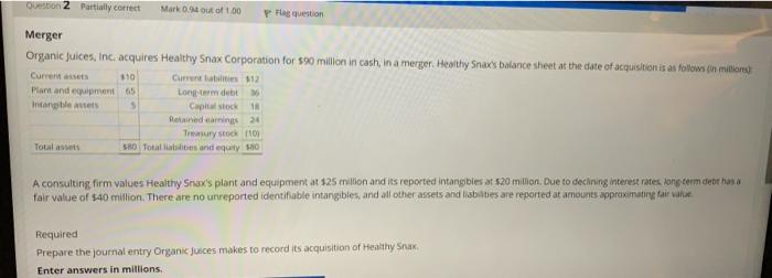 Riequired
Prepare the journal entry Organic juices makes to record its acquisition of Henitiy Snax:
Enter answers in millions