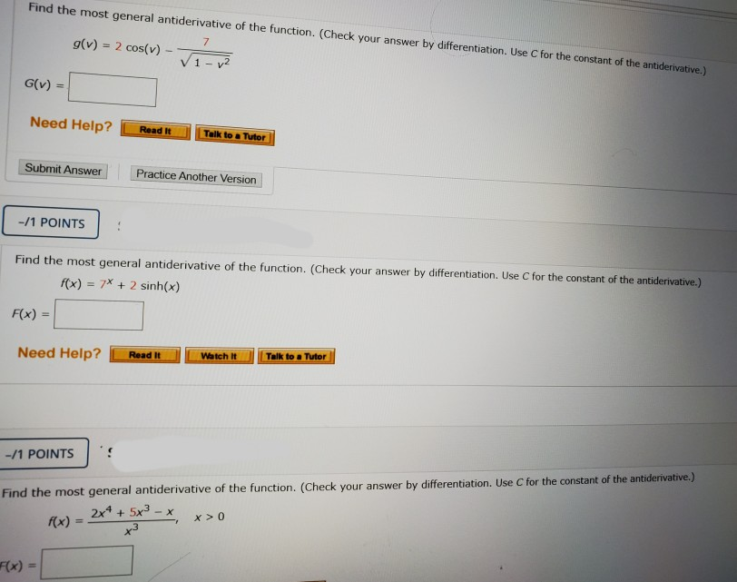 Solved Find The Most General Antiderivative Of The Function