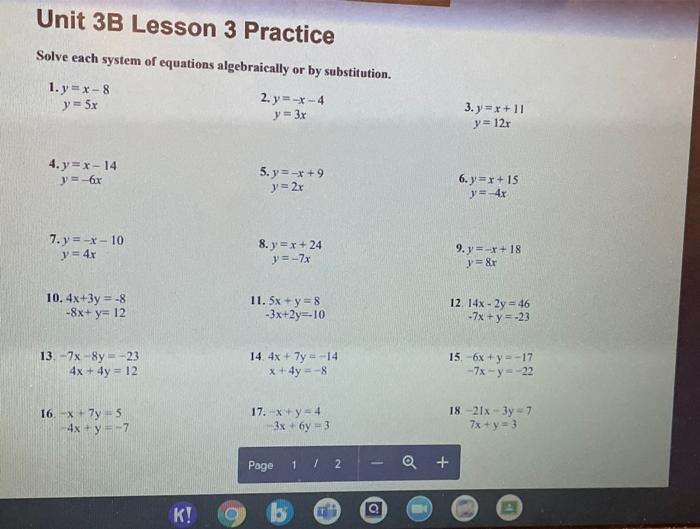 Solved Unit 3B Lesson 3 Practice Solve each system of | Chegg.com