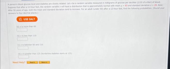 Solved A person's blood glucose level and aiabetes are | Chegg.com
