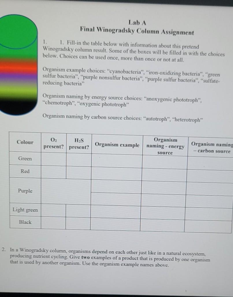 Lab A Final Winogradsky Column Assignment 1. 1. Fill