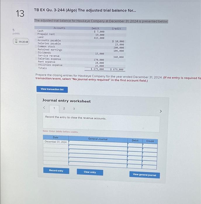 Solved The adjusted trial balance for Hawkeye Company at
