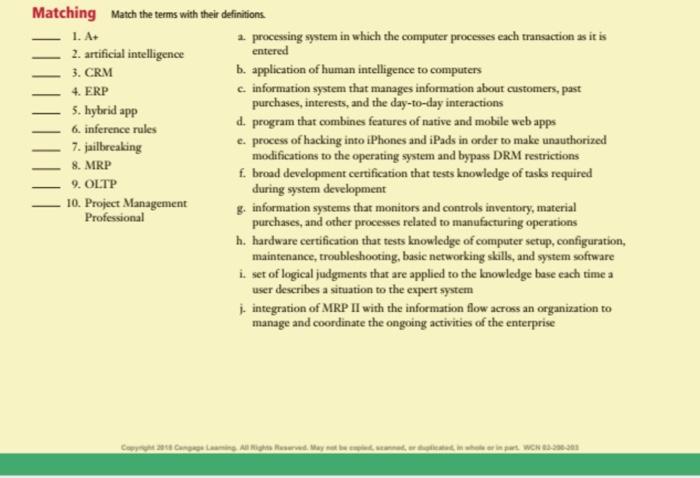 Solved Matching Match the terms with their definitions. 1. | Chegg.com