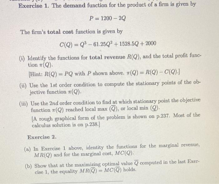 Solved Exercise 1. The demand function for the product of a | Chegg.com