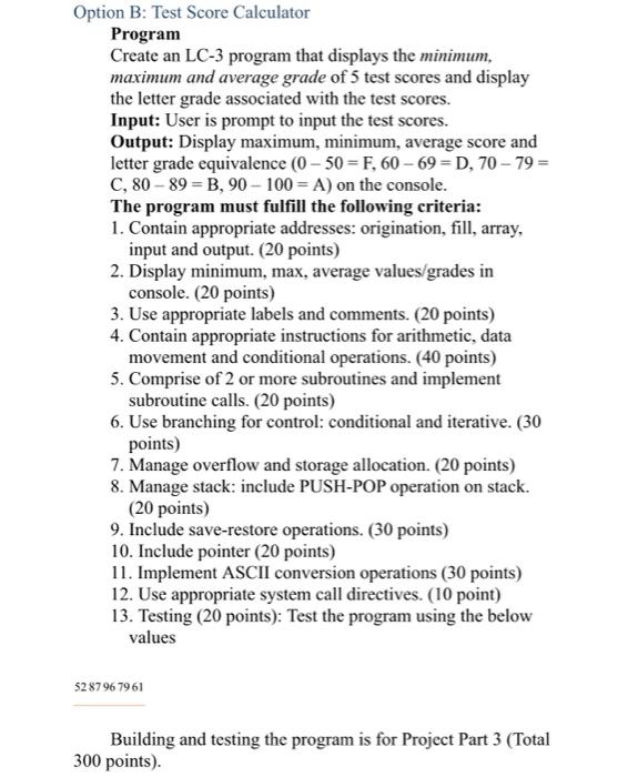 Option B Test Score Calculator Program Create an