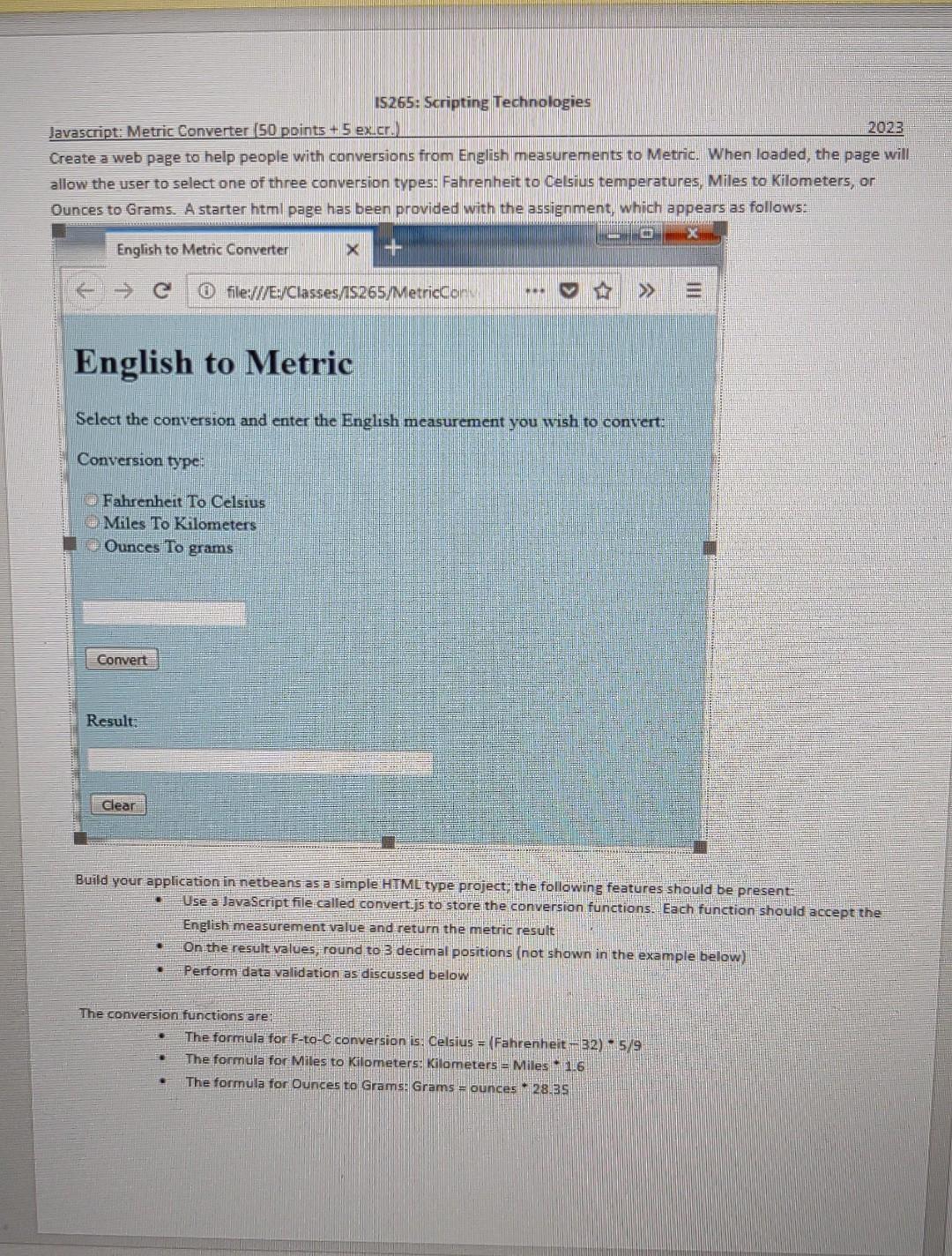 Solved 15265: Scripting Technologies Javascript: Metric | Chegg.com