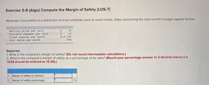 Solved Exercise 5-8 (Algo) Compute the Margin of Safety | Chegg.com