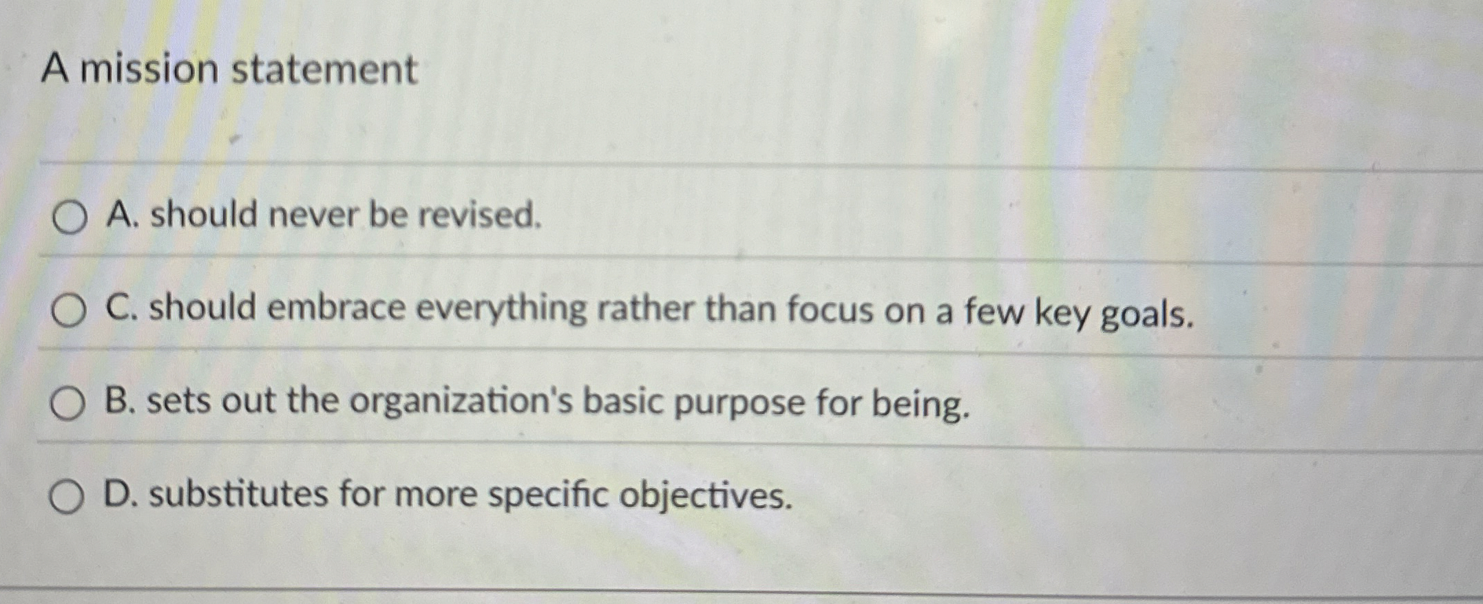 Solved A mission statementA. ﻿should never be revised.C. | Chegg.com