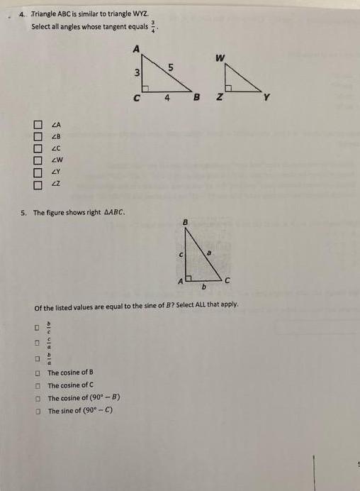 Solved 4. Triangle ABC is similar to triangle WYZ. Select