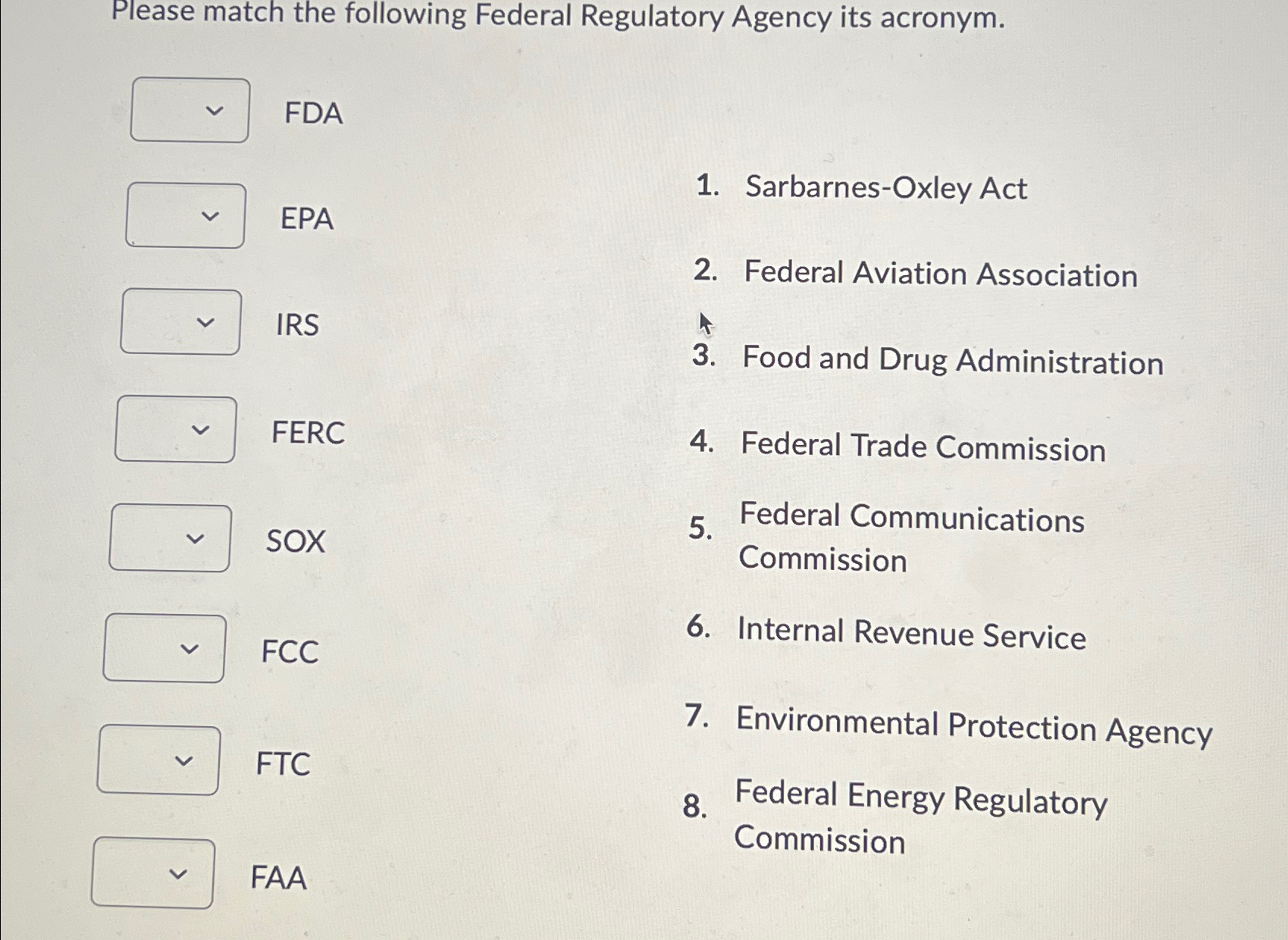 Solved Please match the following Federal Regulatory Agency | Chegg.com
