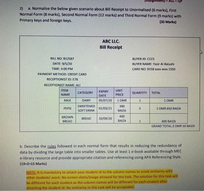 Solved Assignment - QP 2) a. Normalize the below given | Chegg.com