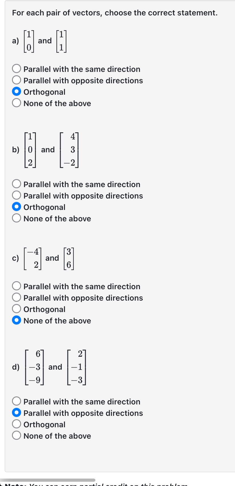 For each pair of vectors, choose the correct | Chegg.com