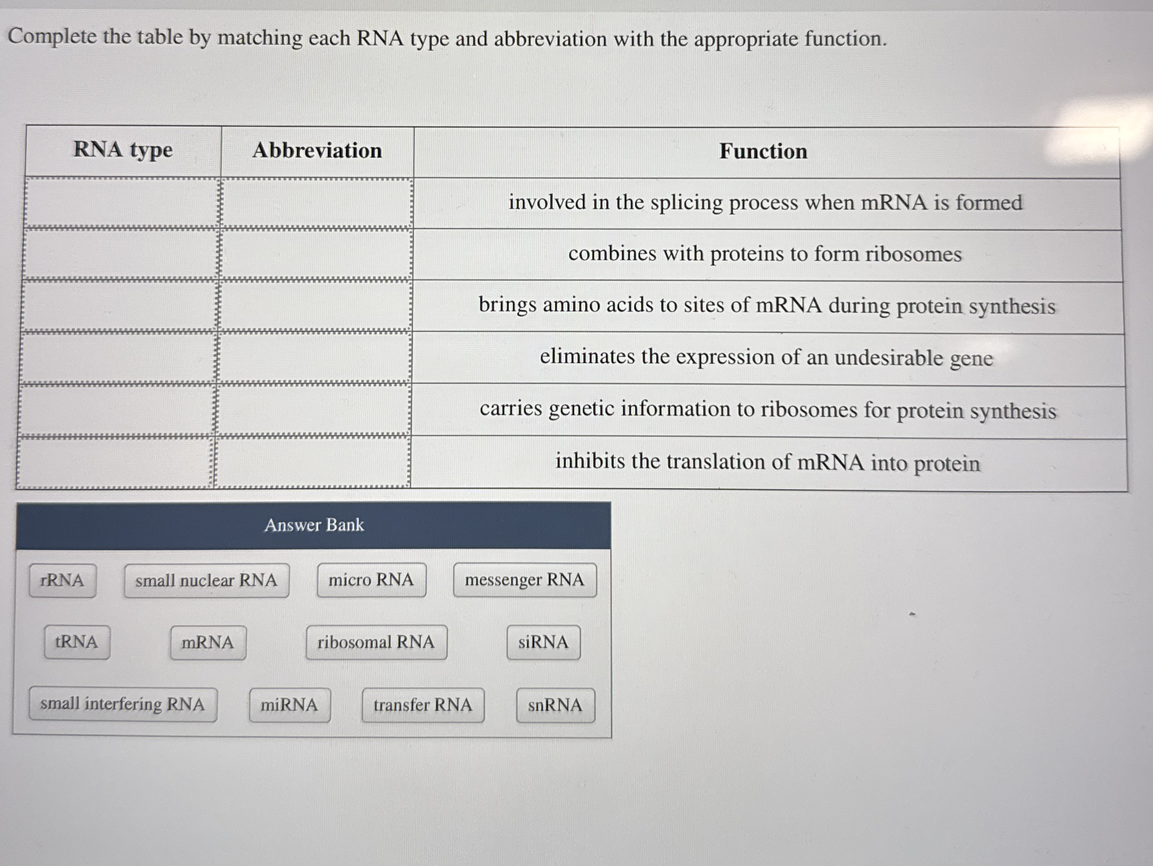 Solved Complete the table by matching each RNA type and | Chegg.com