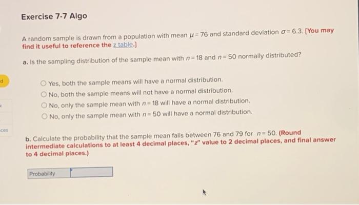 Solved Exercise 7-7 Algo A random sample is drawn from a | Chegg.com